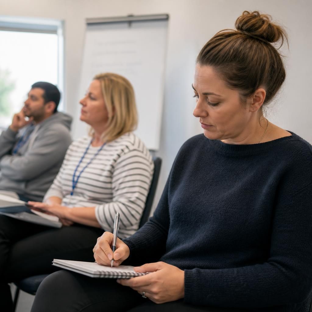 Foster carer taking notes during a training session