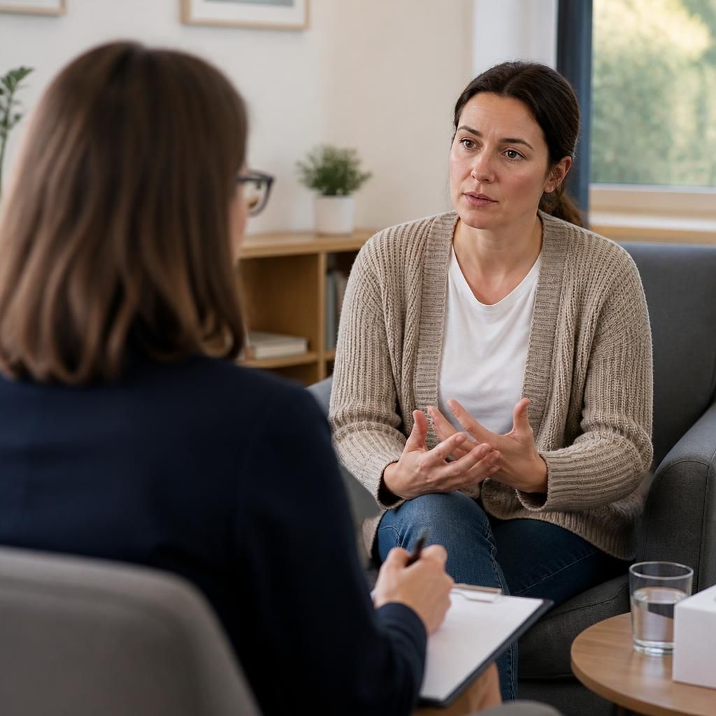 Foster parent speaking with a therapist during a private counselling session