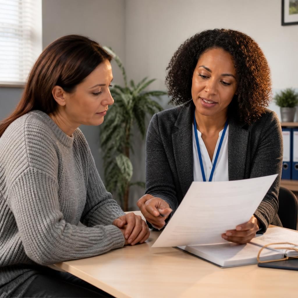 Prospective foster carer reviewing medical assessment paperwork with a social worker