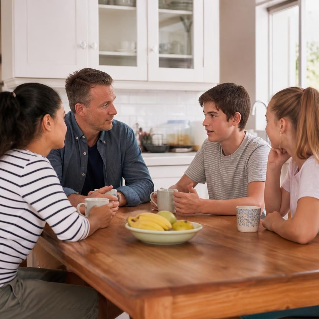 Adults and children talking together around a kitchen table