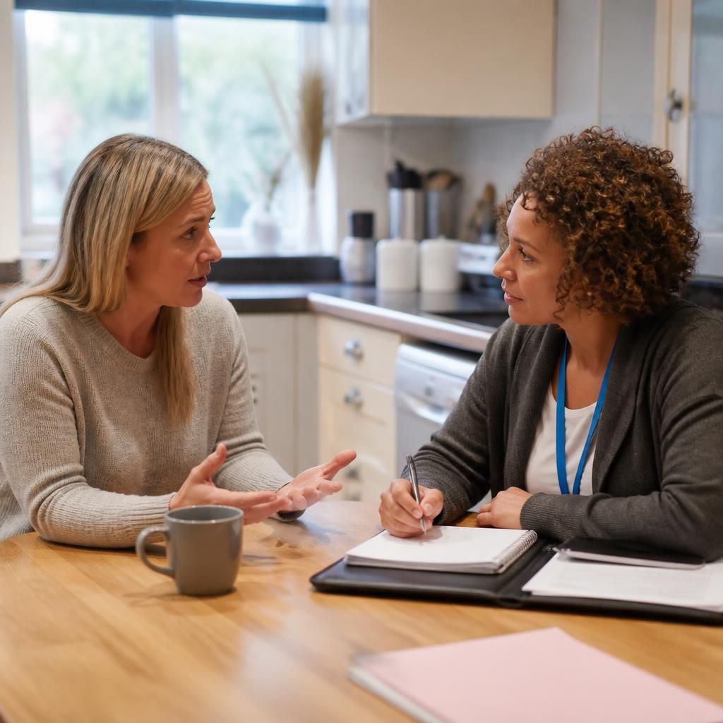 Foster carer speaking with a supervising social worker at a kitchen table