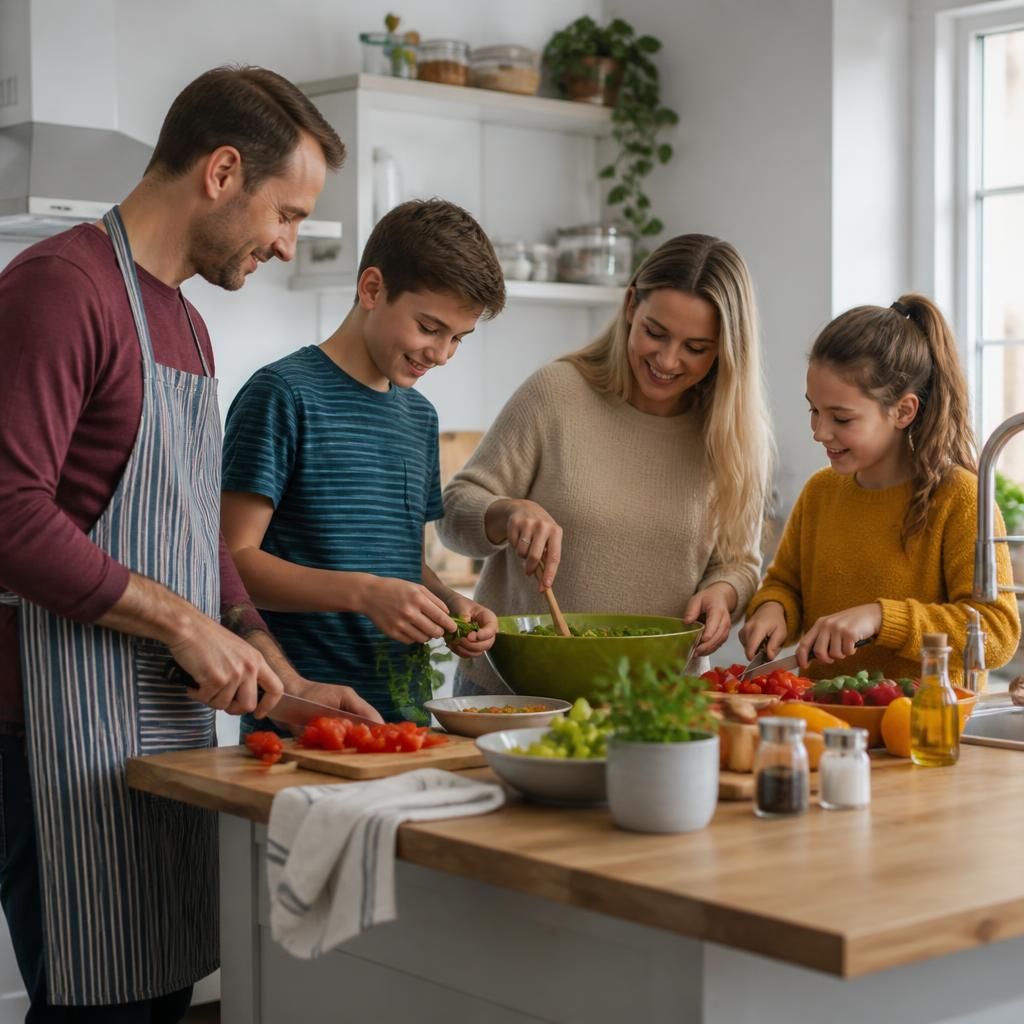 Family preparing a meal together in a kitchen