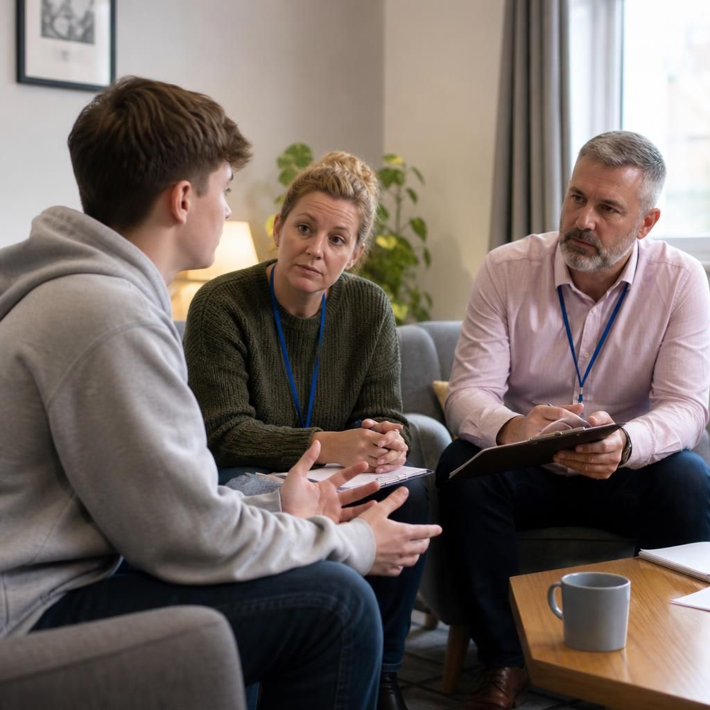 Teenager speaking with a foster carer and social worker during a review meeting