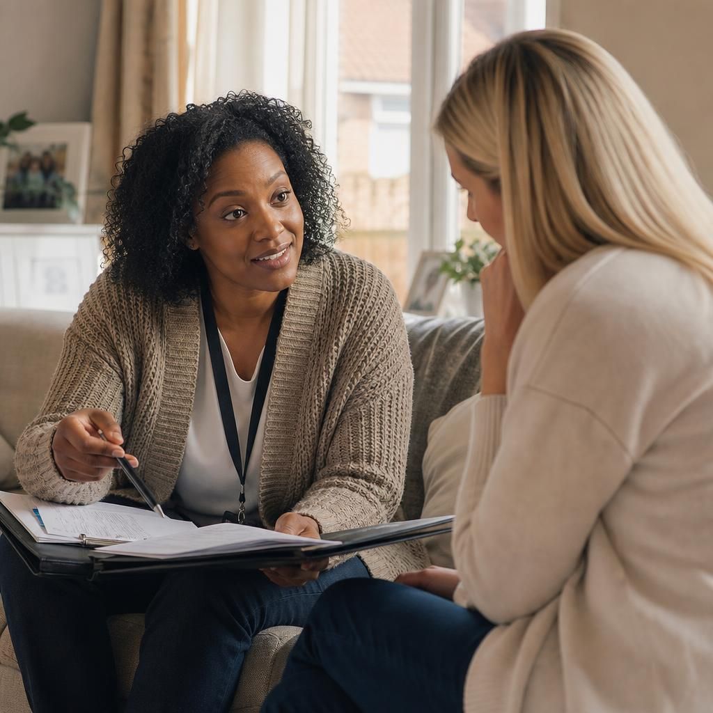 Social worker discussing fostering assessment documents with a prospective carer