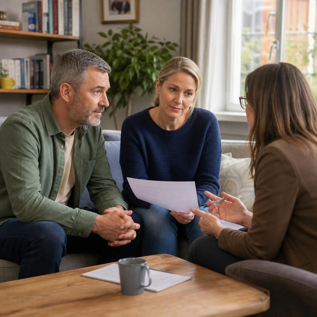 Foster carers discussing a training case study with a social worker