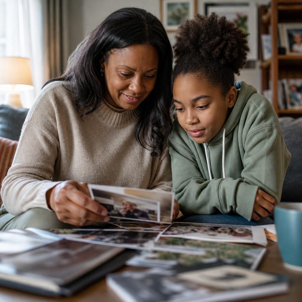 Foster carer and child looking at photographs together