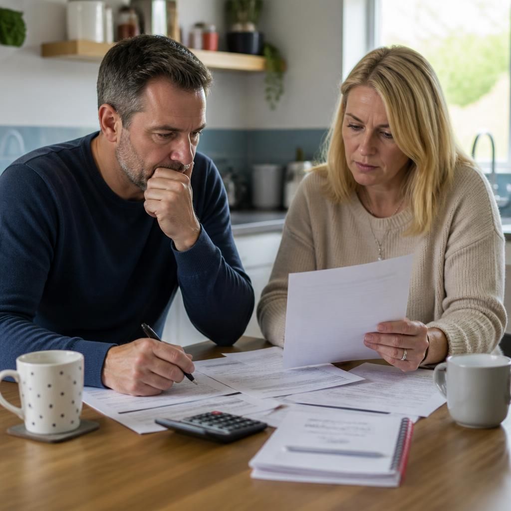 Foster carers reviewing household paperwork at a kitchen table