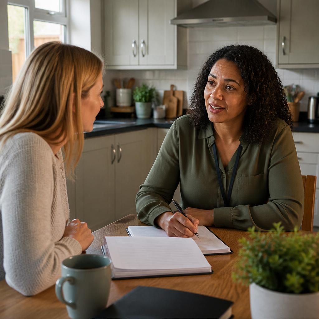 Foster carer speaking with a supervising social worker at a kitchen table