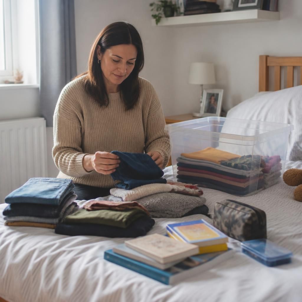 Foster carer organising a child's clothing, books and personal items