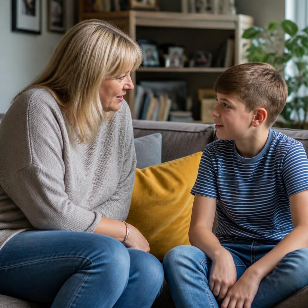 Foster carer talking with a child in a welcoming home