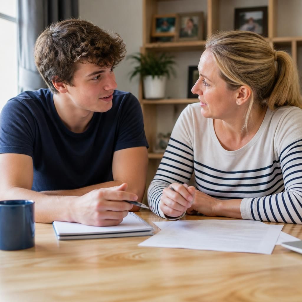 Young adult and former foster carer discussing plans at a table