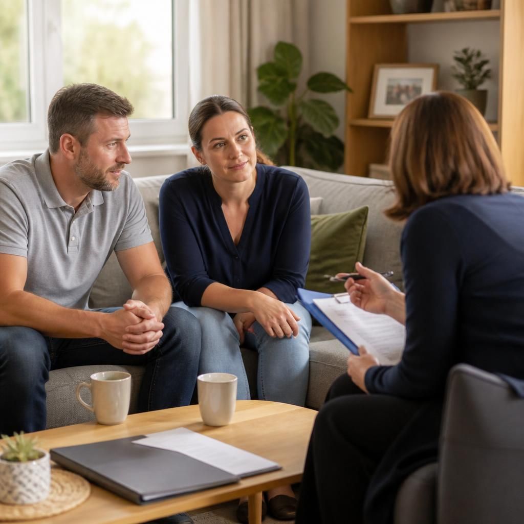 Prospective foster carers speaking with a social worker at home