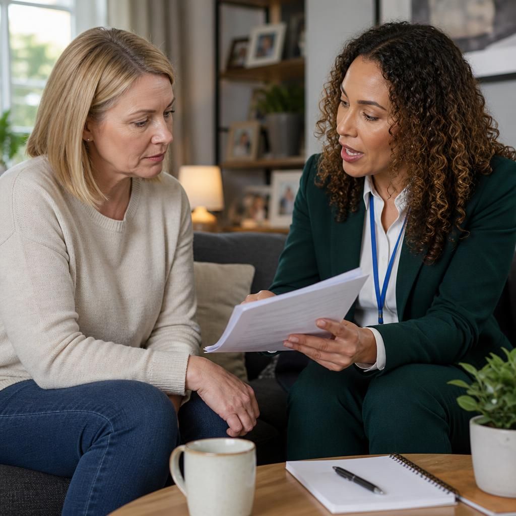 Foster carer discussing review paperwork with a supervising social worker