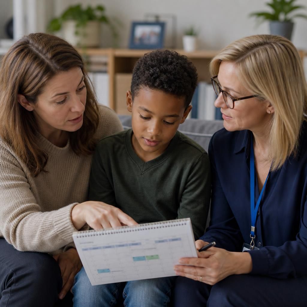 Foster carer and child discussing a calendar with a social worker
