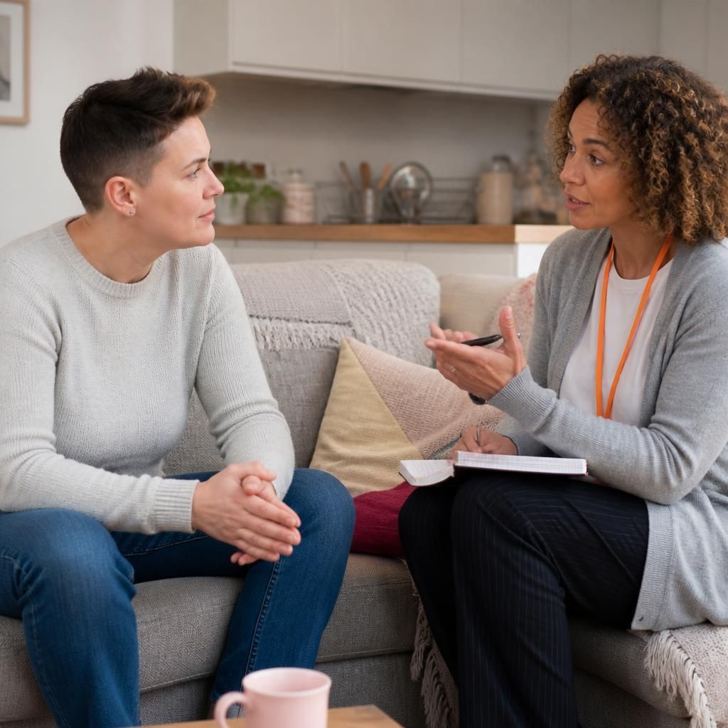 Single adult speaking with a social worker in a home setting