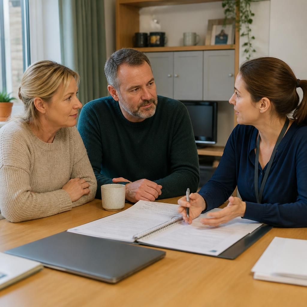 Foster carers and a social worker discussing respite care arrangements around a table