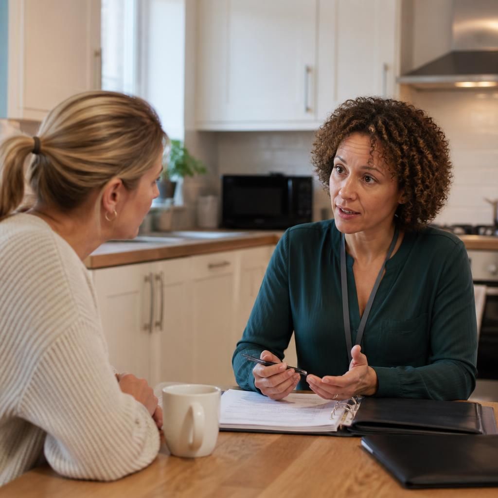 Foster carer speaking with a supervising social worker at a kitchen table