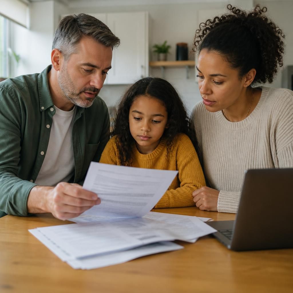 Family reviewing tenancy documents together at a kitchen table