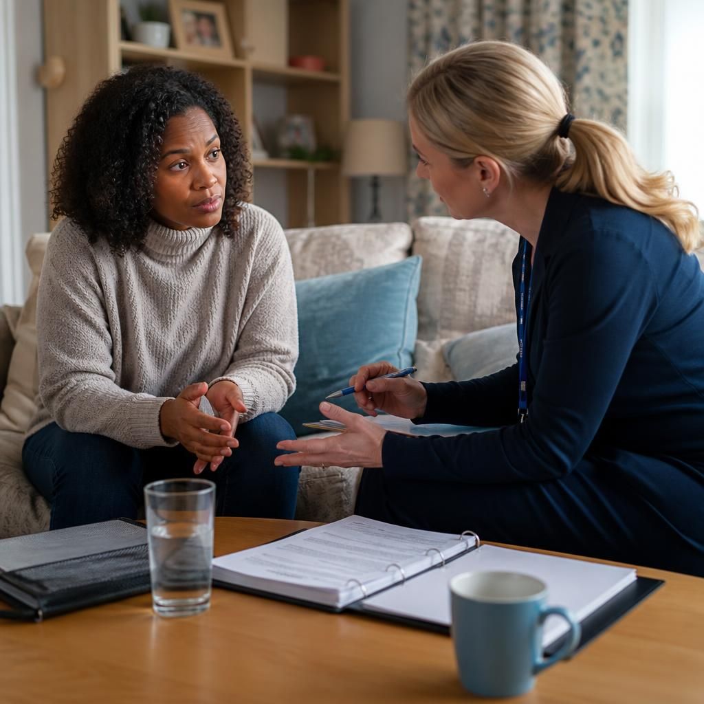 Kinship carer discussing care arrangements with a social worker