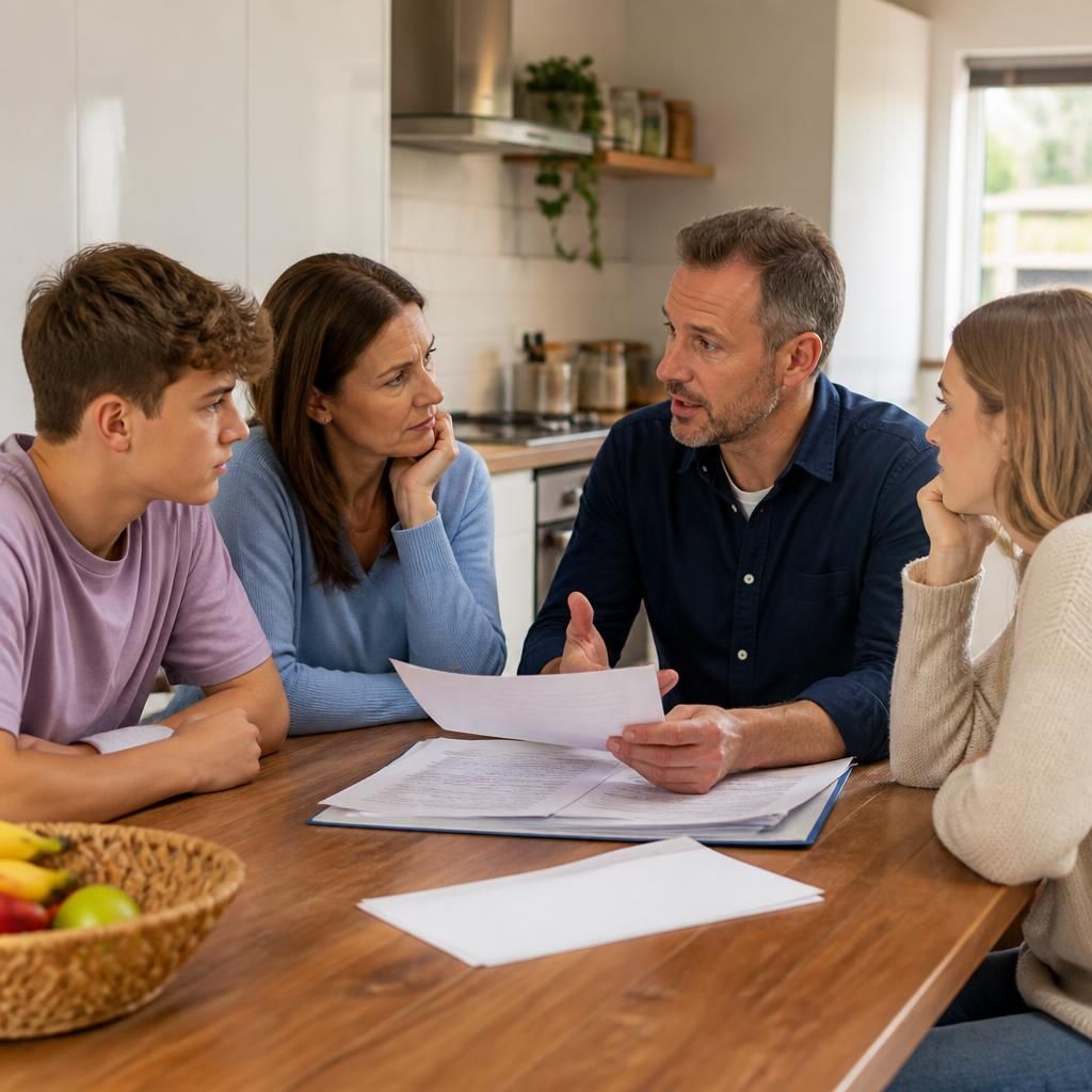 Family members discussing fostering arrangements around a kitchen table