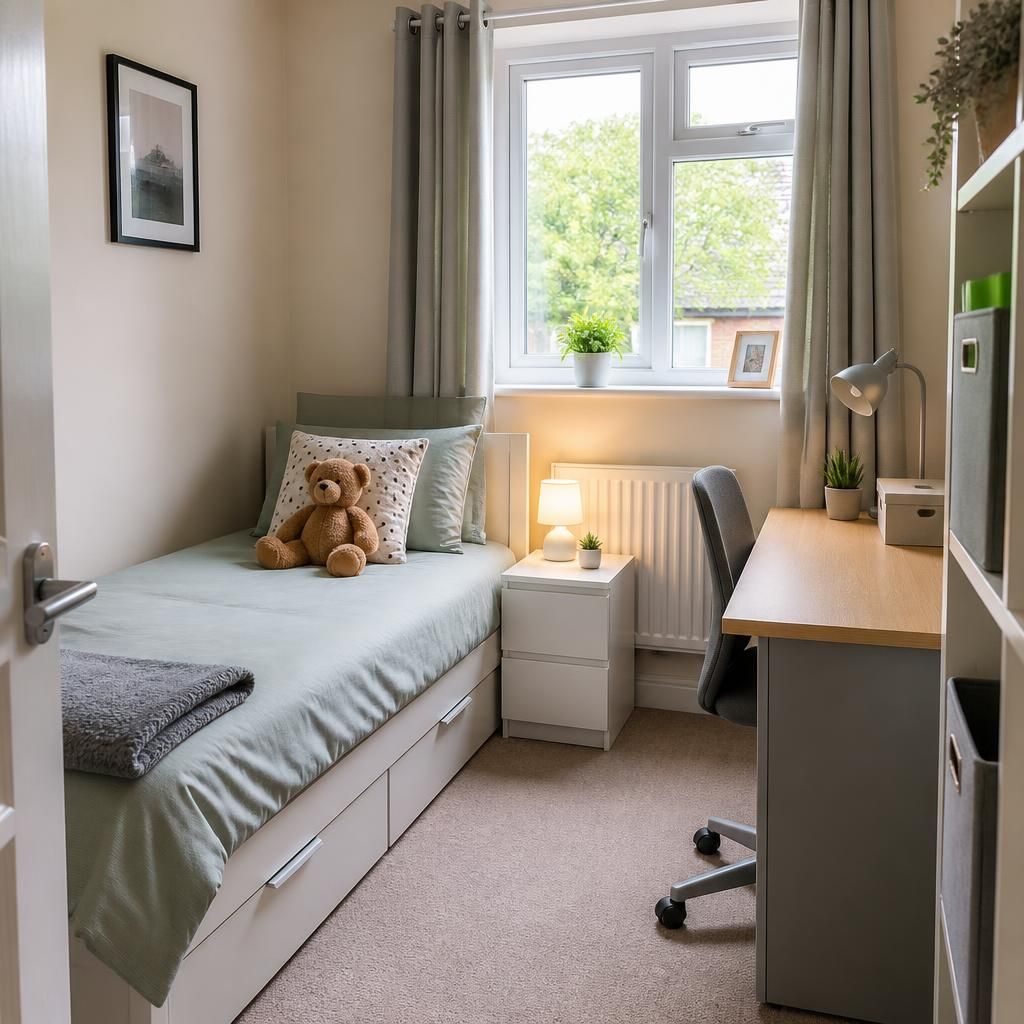 Tidy spare bedroom with a single bed, storage and a desk