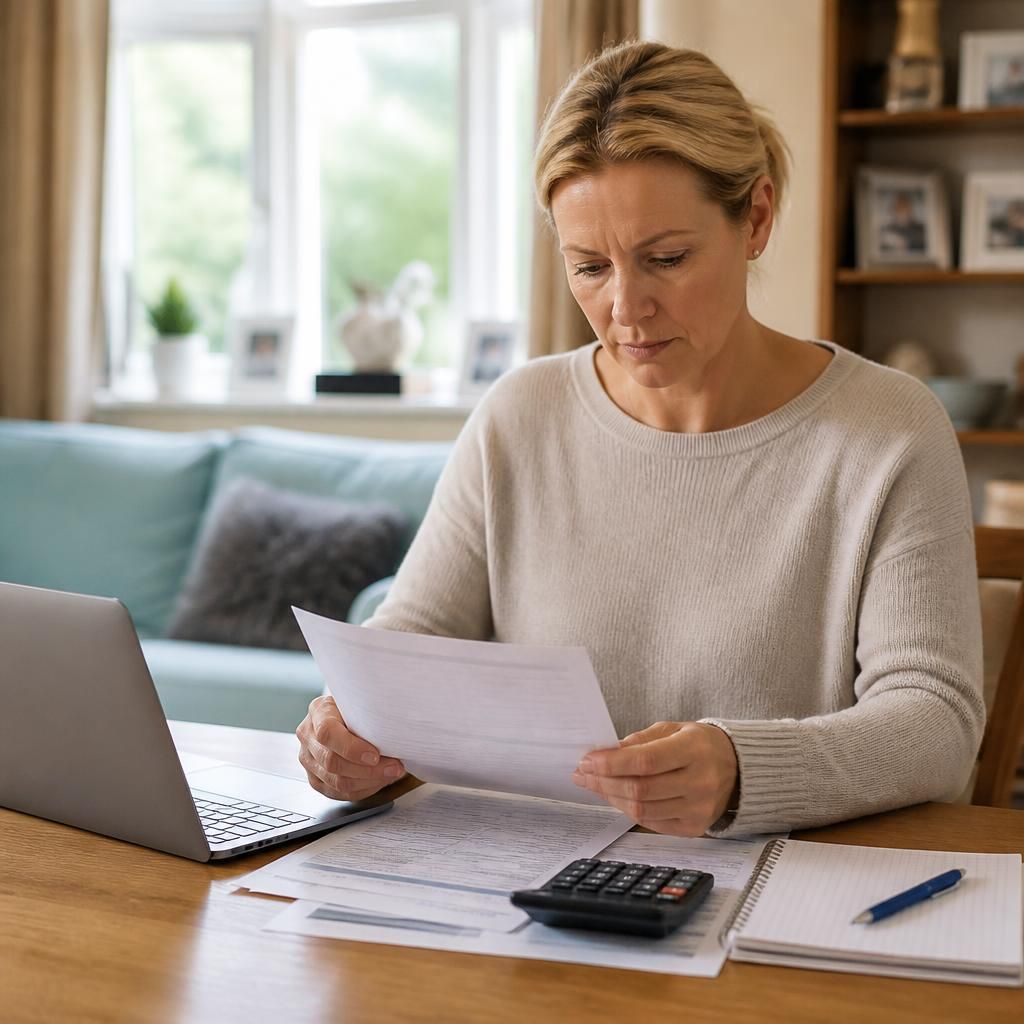 Foster carer reviewing household financial documents at a table