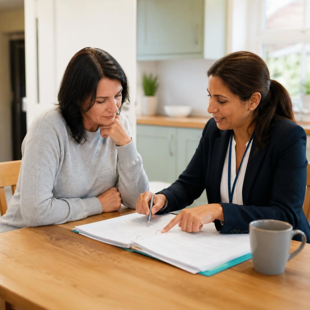 Prospective foster carer reviewing training paperwork with a fostering adviser