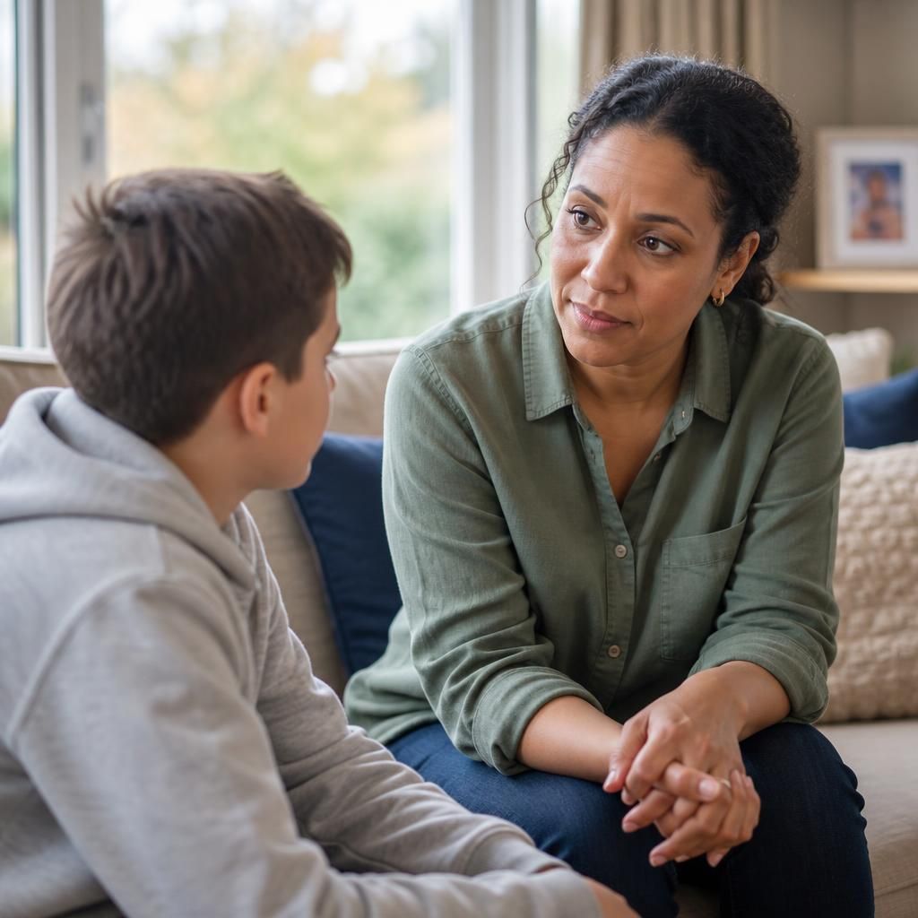 Foster carer listening carefully to a child during a quiet conversation at home