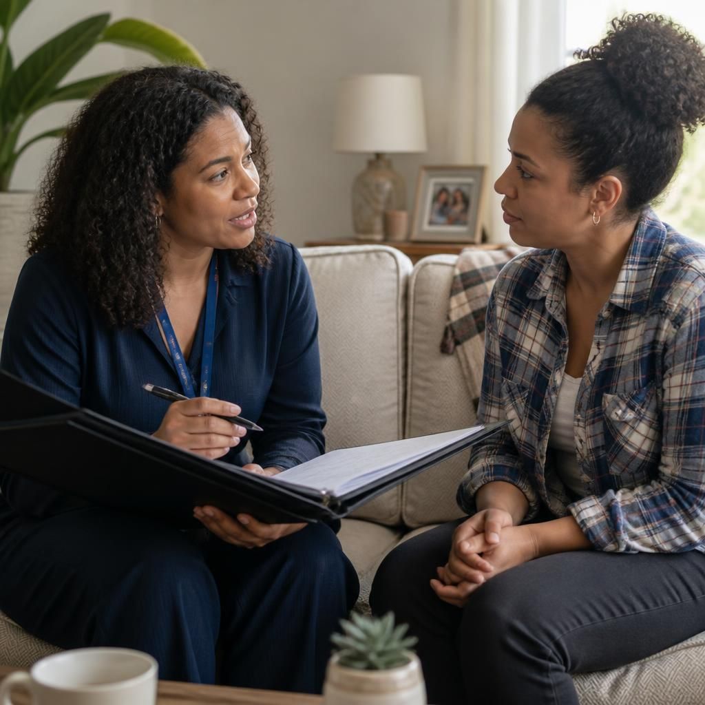 Social worker discussing home arrangements with a relative in a living room