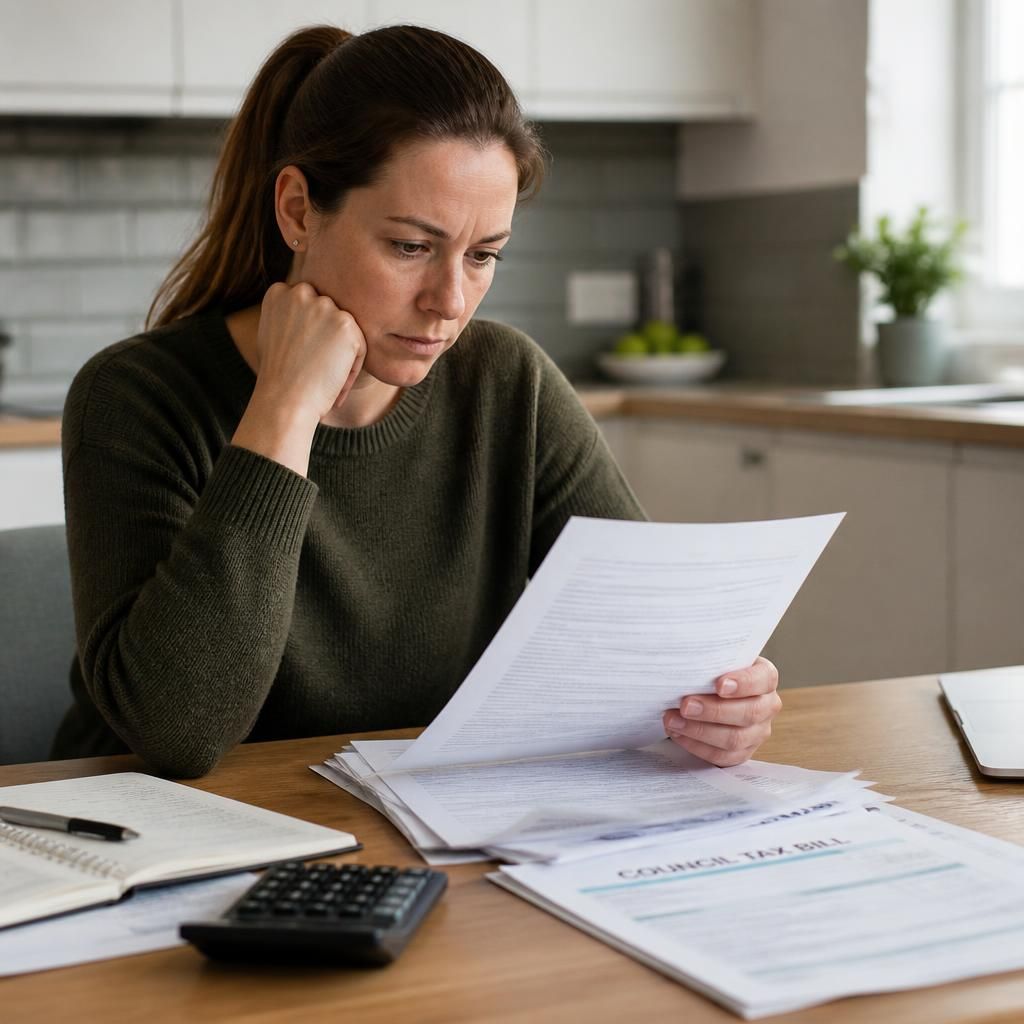 Prospective foster carer reviewing assessment paperwork beside a council tax bill