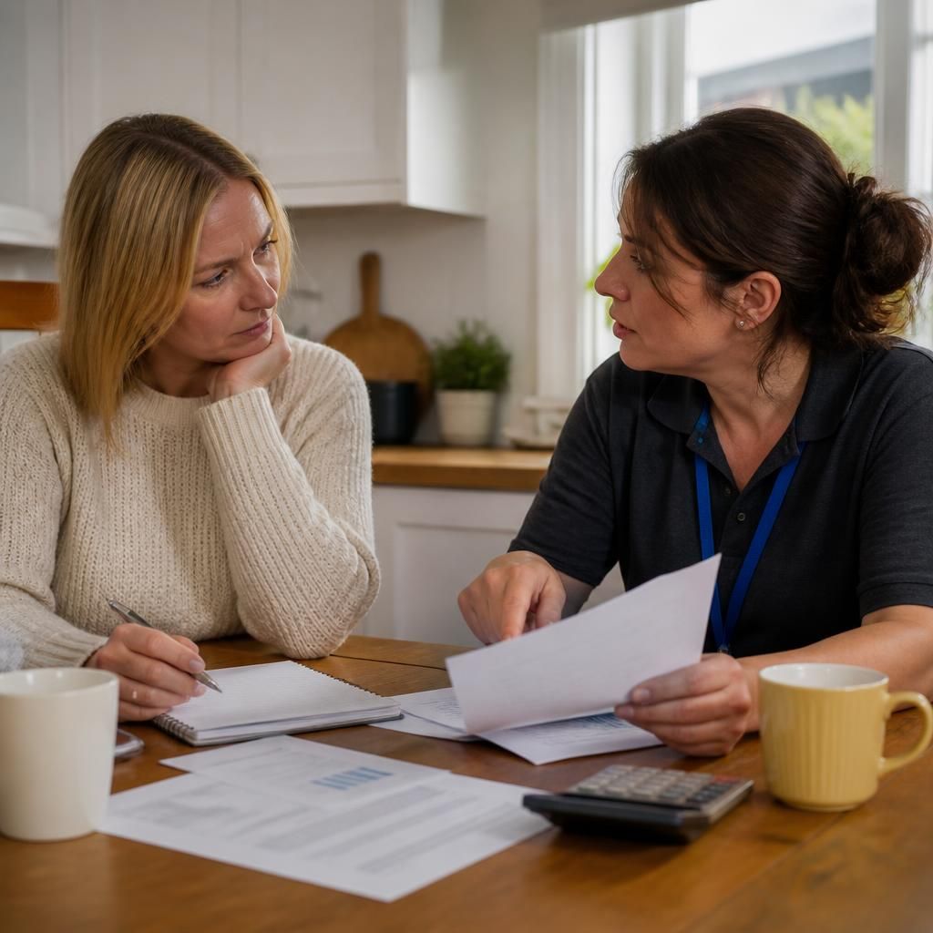 Foster carer discussing household costs with a social worker