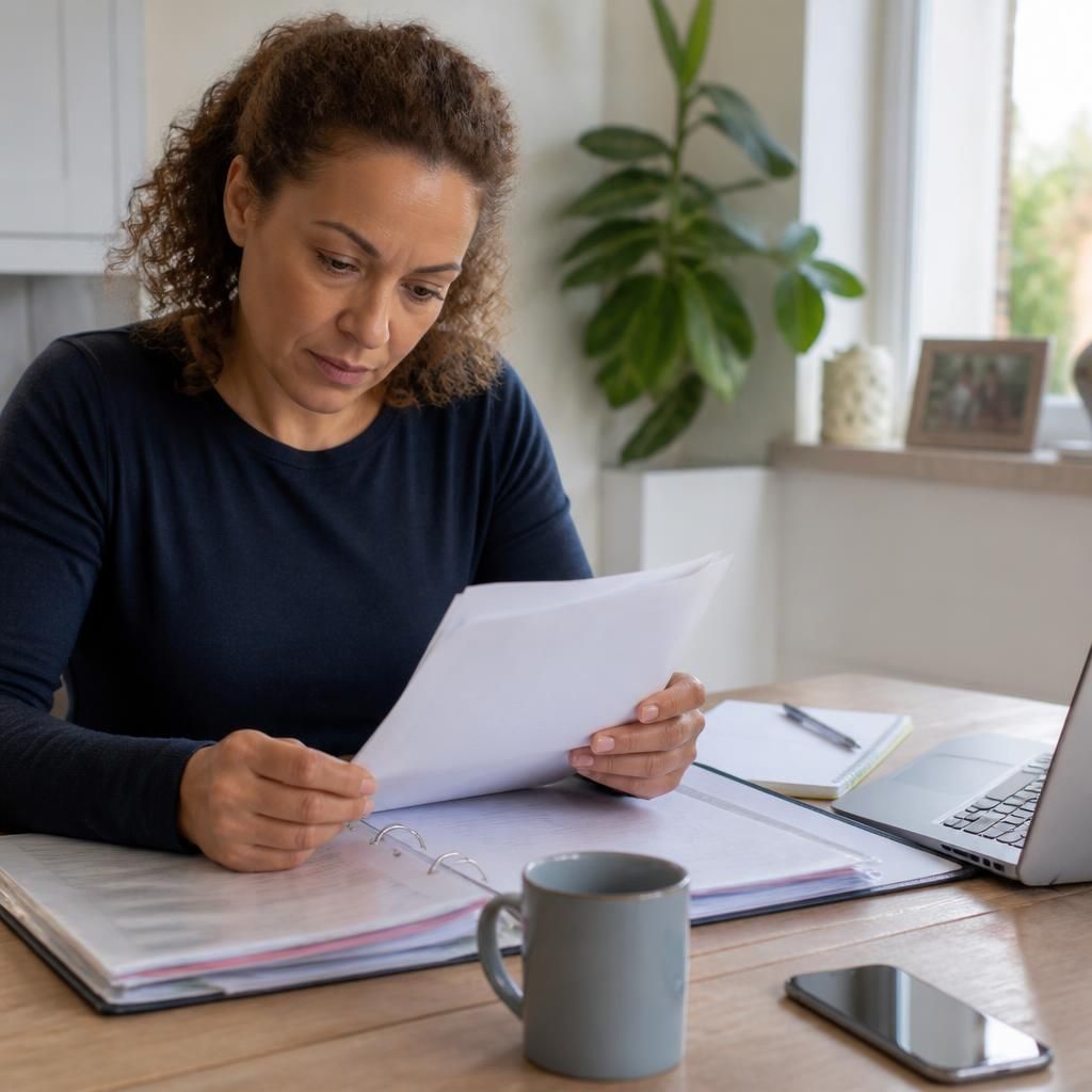 Foster carer reviewing placement records and approved expense notes at a table