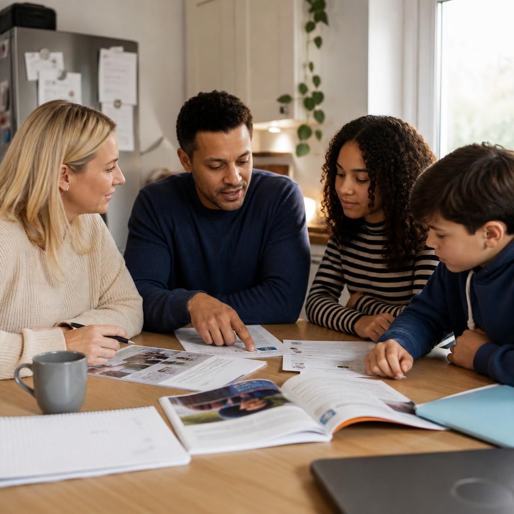 Adults and children sitting together around a table reviewing fostering information