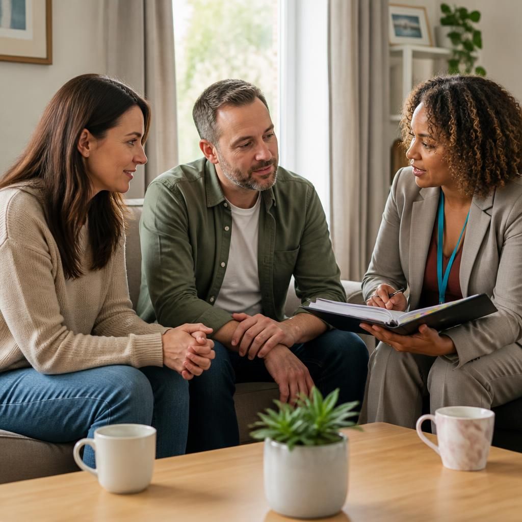 New foster carers discussing a child’s care plan with a support worker