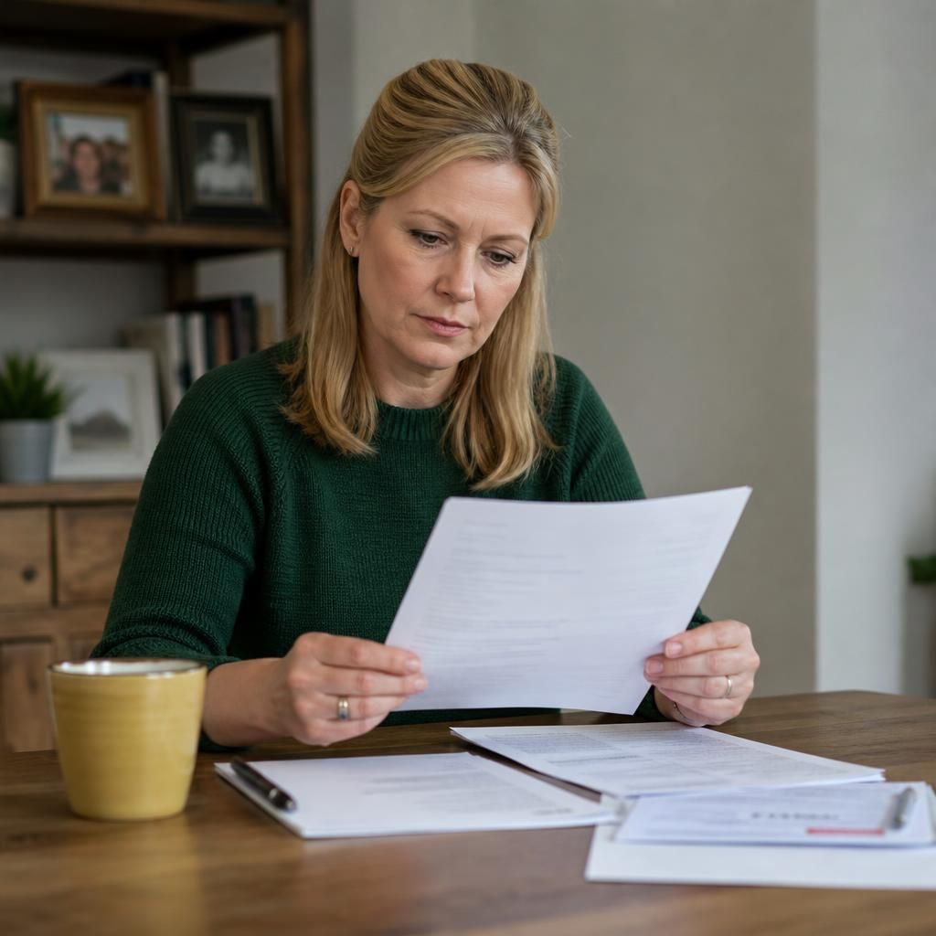 Foster carer reviewing a grant decision letter and supporting documents at a table