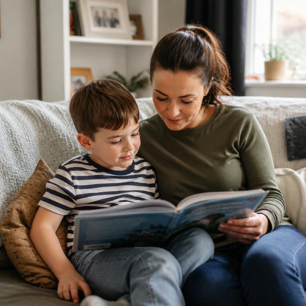 Single foster carer reading with a child in a comfortable home