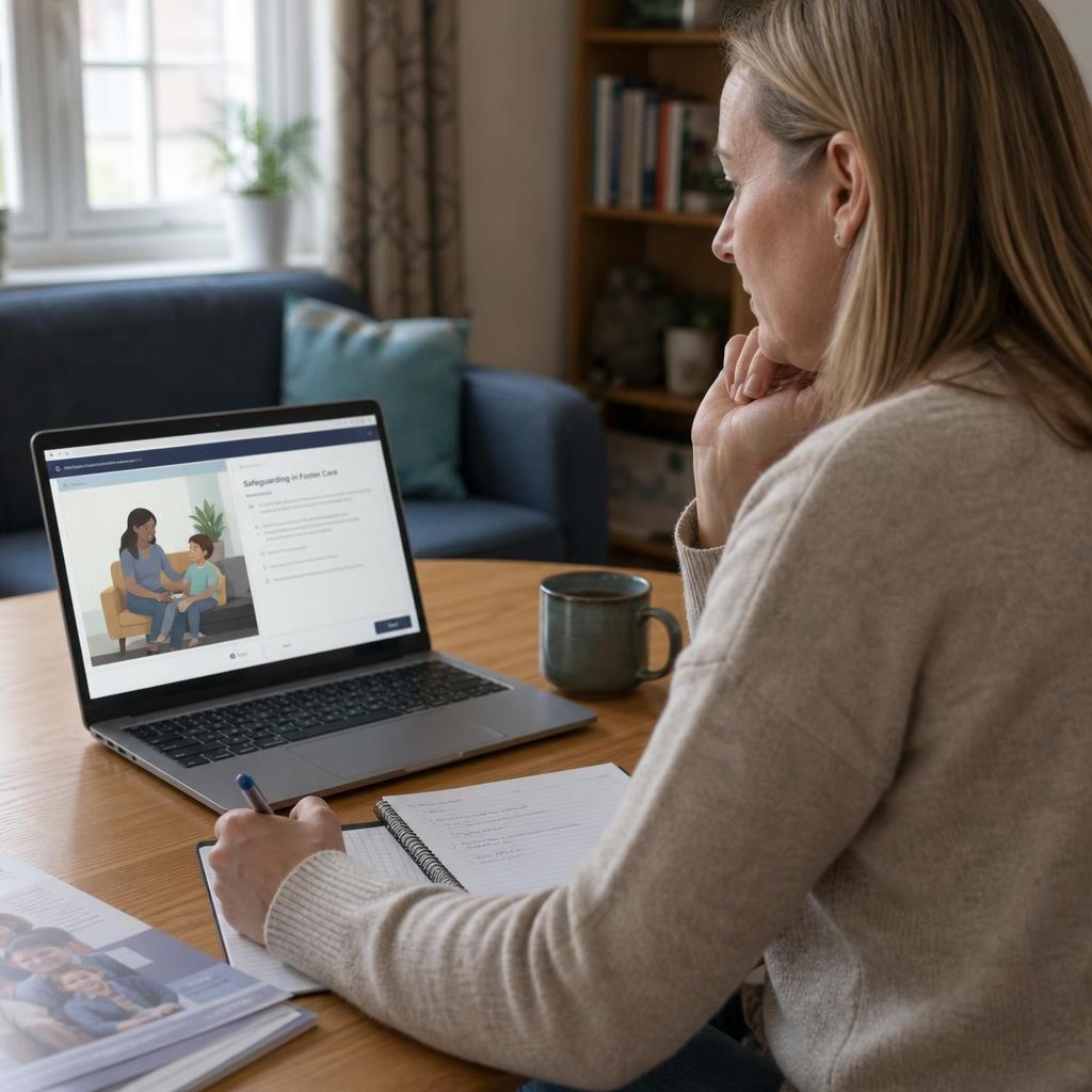 Foster carer completing an online safeguarding training course at home