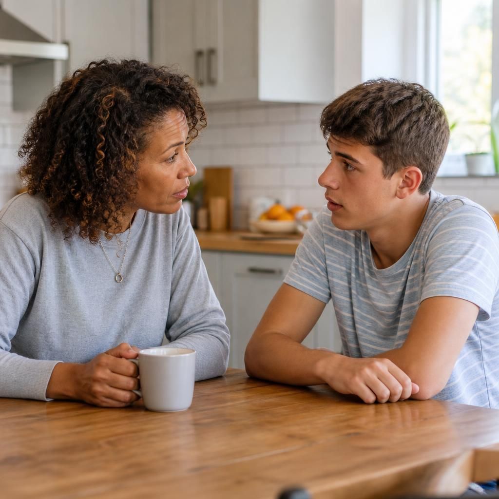 Foster carer speaking with a teenager at a kitchen table