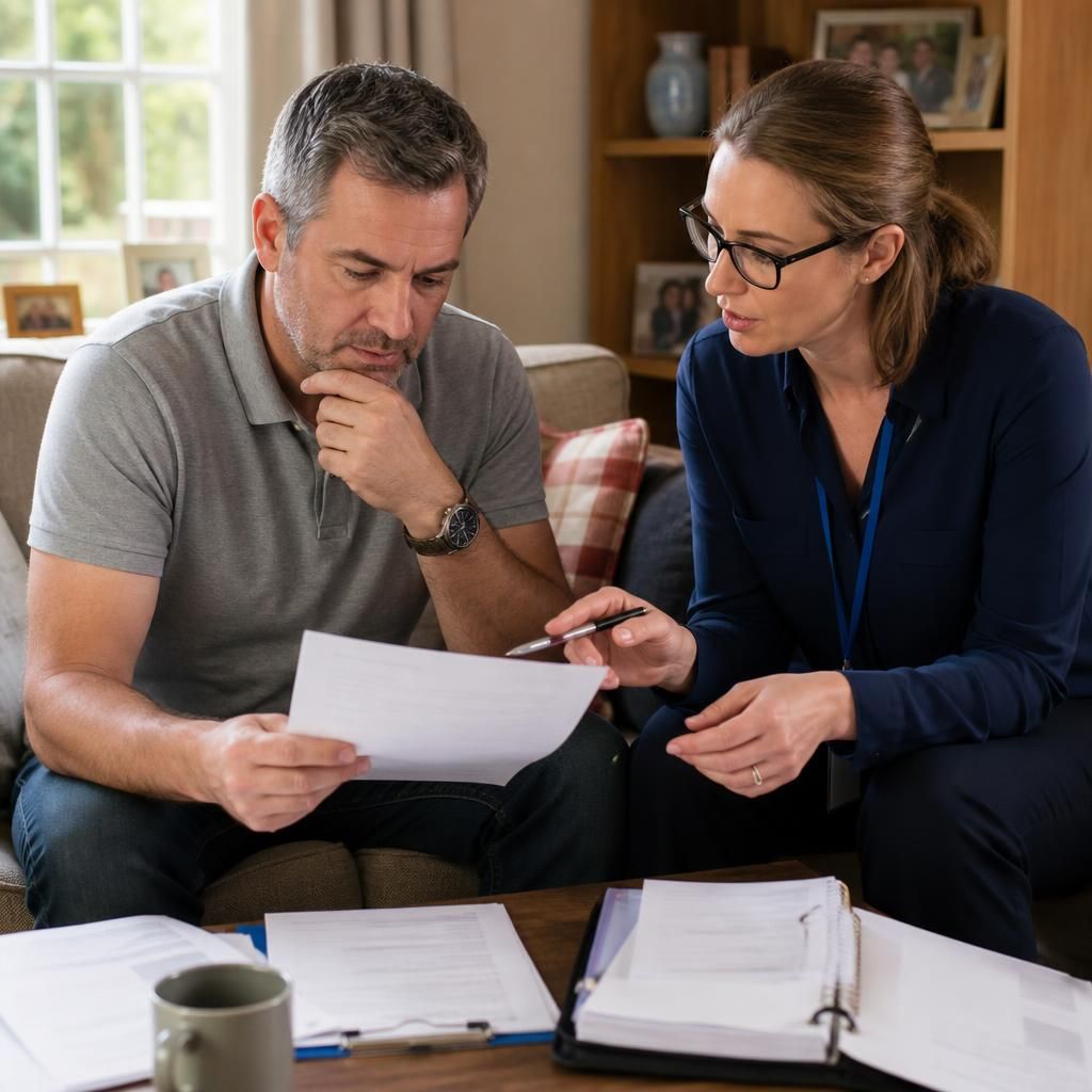 Applicant reviewing fostering paperwork with a social worker at home