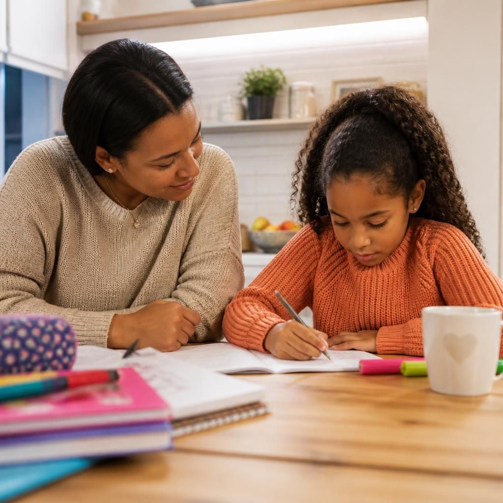 Adult and child completing an activity together at a kitchen table