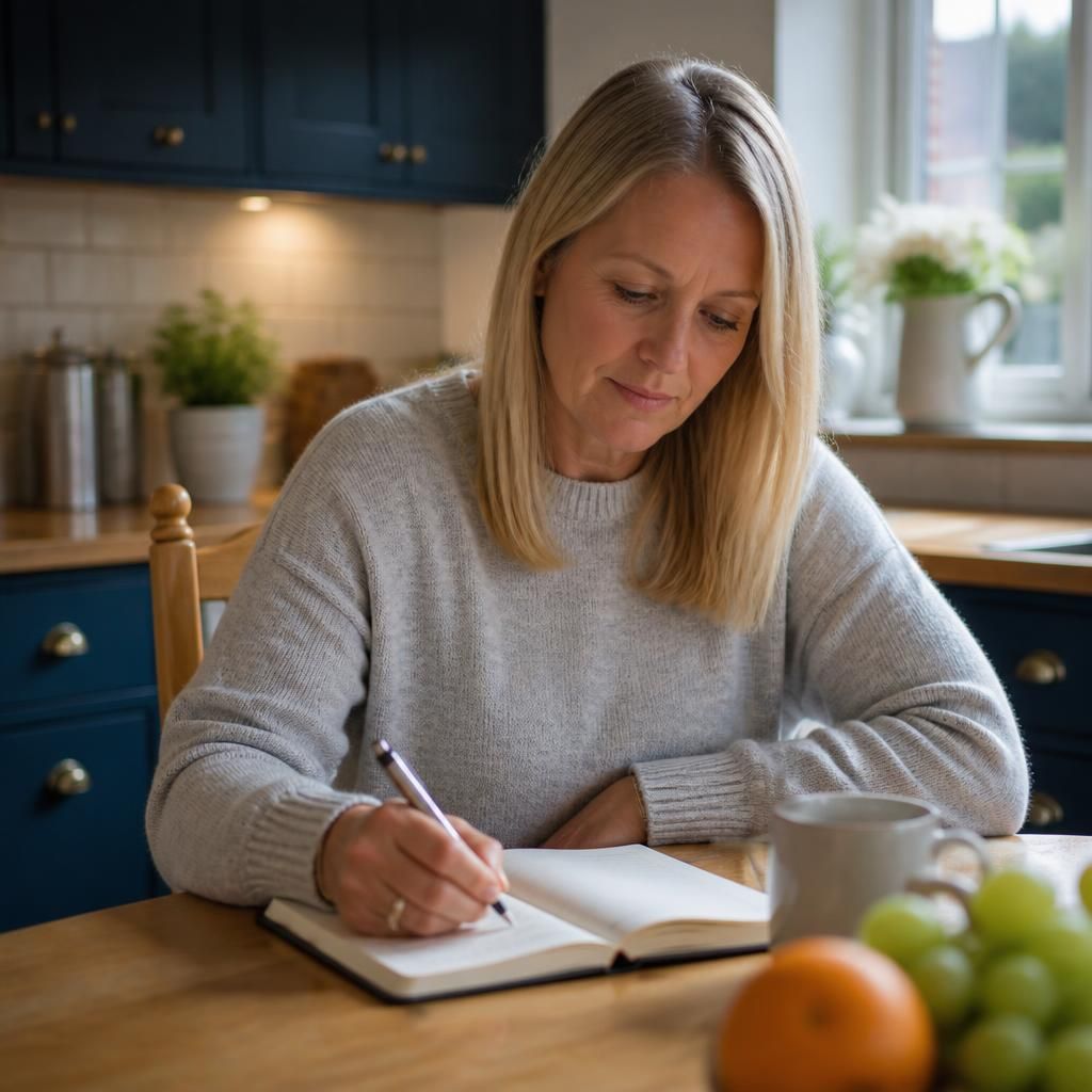 Foster parent writing reflective notes at a kitchen table