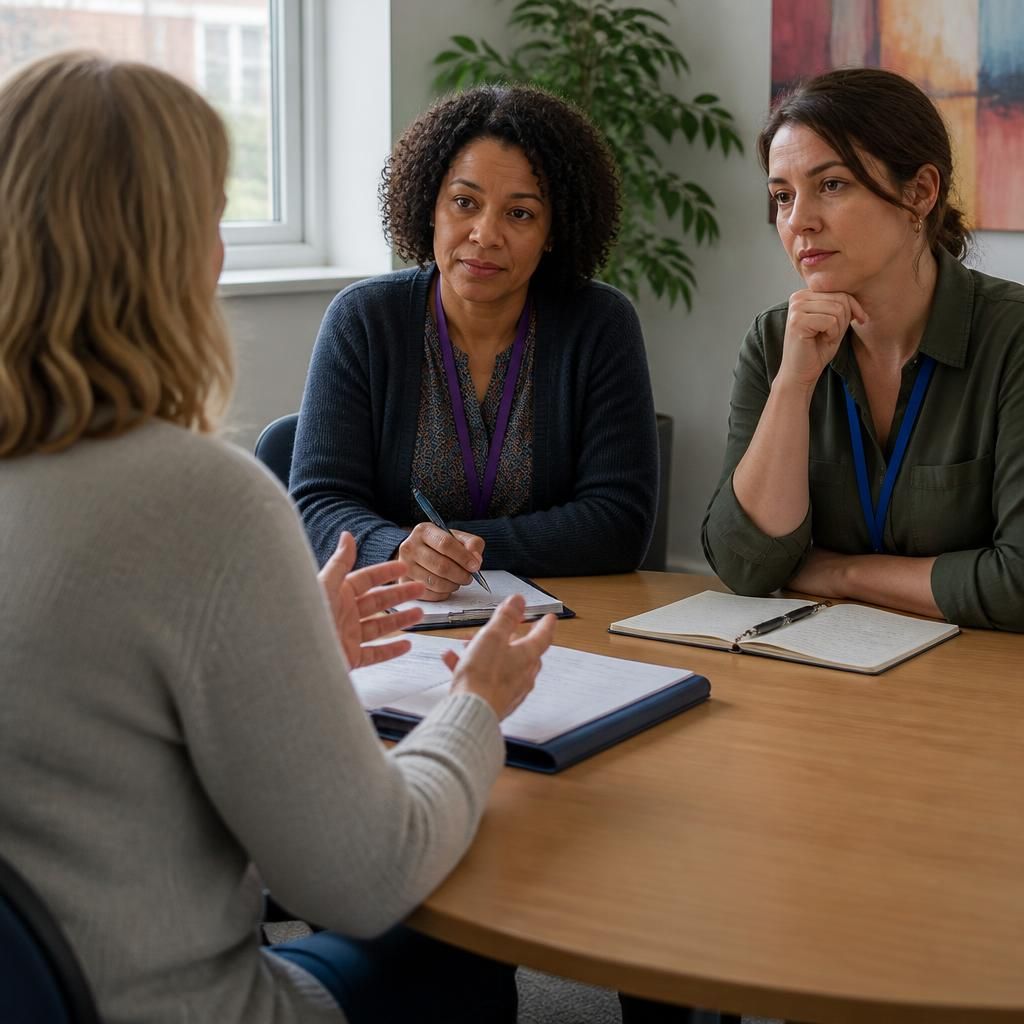 Foster carer speaking with social workers during a placement review meeting
