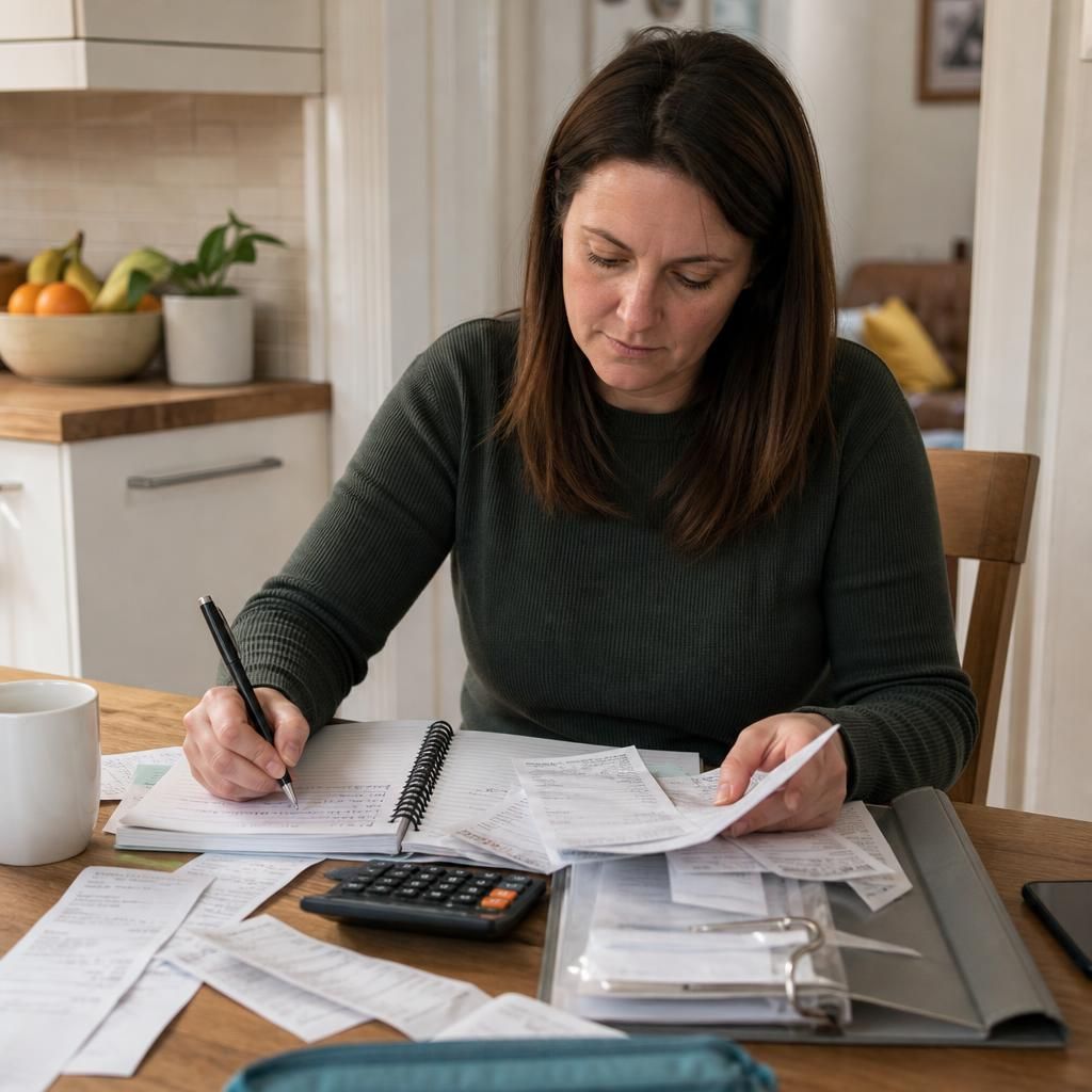 Foster carer keeping organised records at a kitchen table