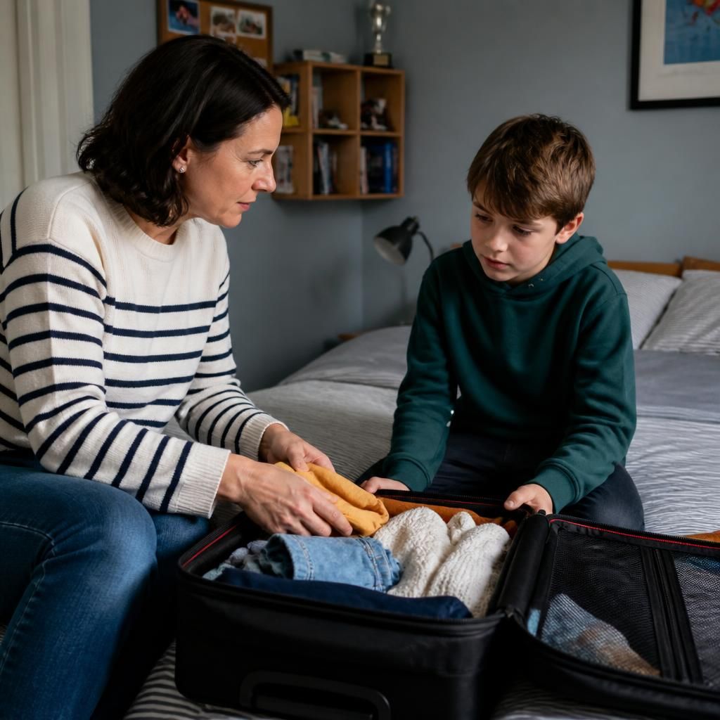 Foster carer and child packing a suitcase together before moving to a new home