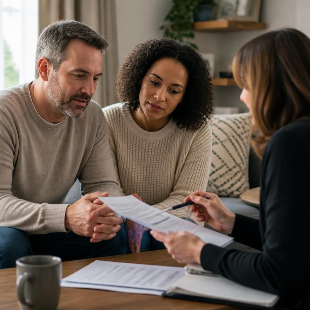 Foster carer applicant discussing paperwork with a social worker at home