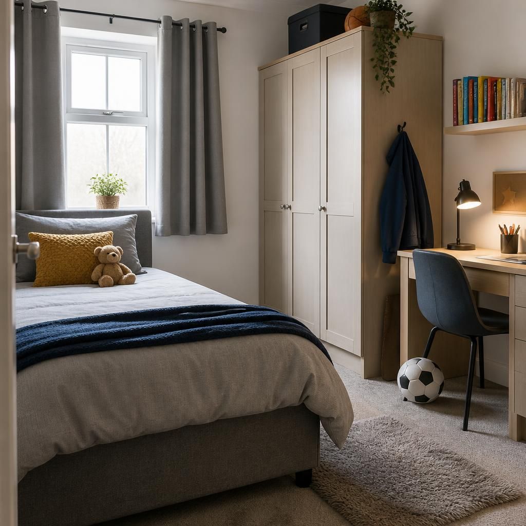 Child’s bedroom with a single bed, wardrobe, desk and personal belongings