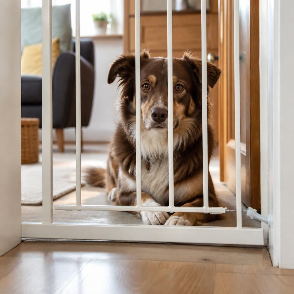 Dog resting behind a safety gate in a family home