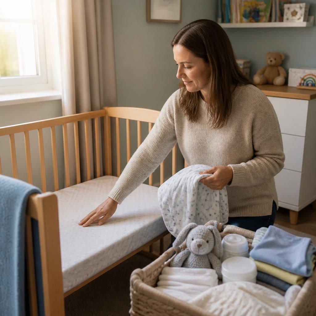 Foster carer preparing a cot and essential items for a young child