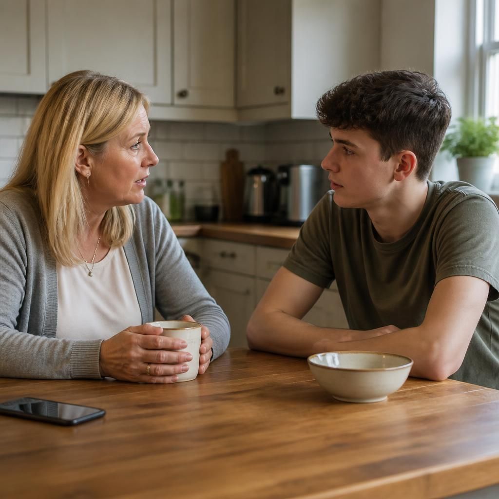 Foster carer and teenager talking at a kitchen table