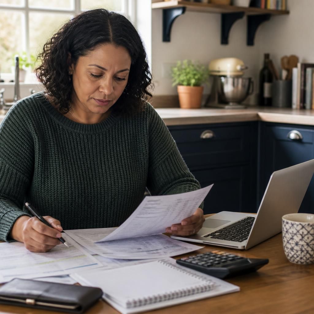 Foster carer reviewing household budget documents at a kitchen table